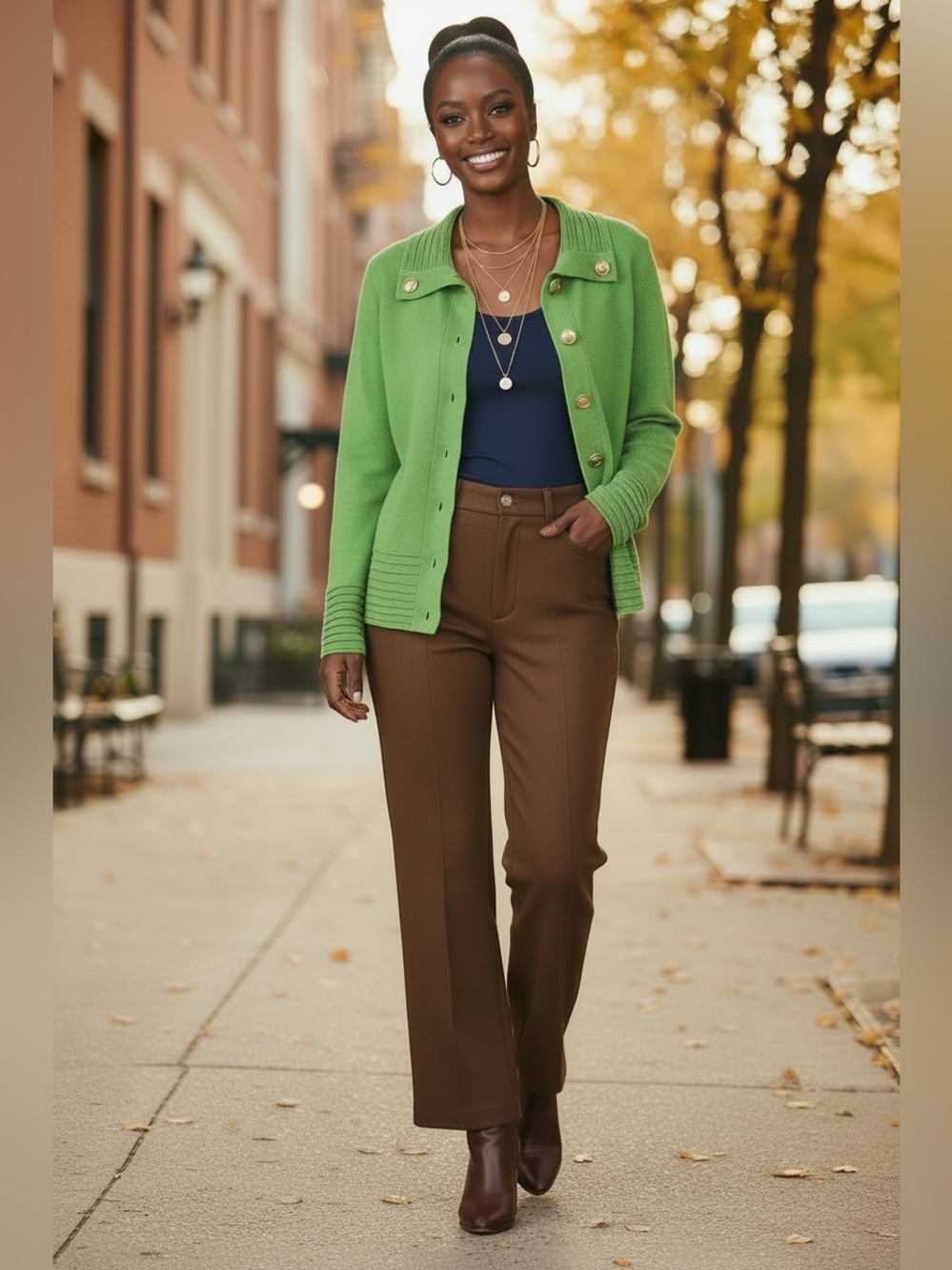 Jones New York M green gold button cotton blend‎ high collar long sleeve sweater
